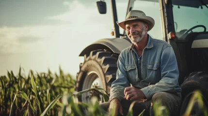 Gordijnen Portrait of farmer in front of combine harvester © PaulShlykov