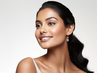 The Beauty of India Exemplified, Her Charm Amplified by Our Beauty Products, Her Gaze and Smile Reflecting Assurance and Charm, Celebrating the Fusion of Holistic Beauty and Self-Care isolated on whit