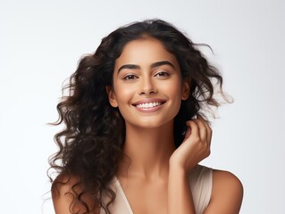 Revel in Indian Beauty, Innate Charm Elevated with Our Beauty Products, Her Smile and Gaze Signify the Union of Confidence and Holistic Beauty, Poised isolated on white background - obrazy, fototapety, plakaty