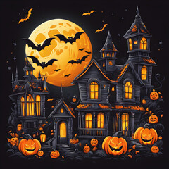 Haunted Castle Halloween with Full Moon