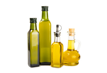 Obraz na płótnie Canvas Olive oil in a bottle isolated on white background. Oil bottle with branches and fruits of olives. Place for text. copy space. cooking oil and salad dressing.