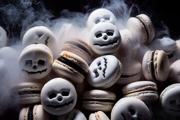 White macarons in fog with creepy faces and spooky smiles for Halloween Trick or Treat. Sugar treat, desserts in smoke and black background.