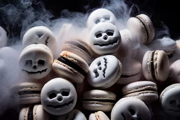 Foto auf Acrylglas Macarons White macarons in fog with creepy faces and spooky smiles for Halloween Trick or Treat. Sugar treat, desserts in smoke and black background.
