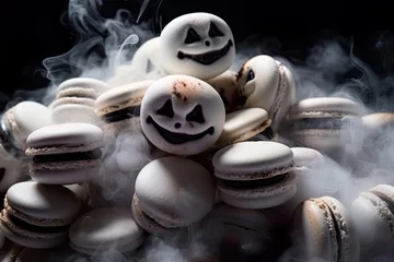 Fototapeten White macarons in fog with creepy faces and spooky smiles for Halloween Trick or Treat. Sugar treat, desserts in smoke and black background. © Caphira Lescante