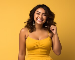 Indian girl's sunflower-yellow attire is a canvas of confidence, her radiant smile & almond eyes a testament to self-appreciation and positivity