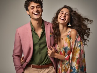 Indian couple in blazer and boho-chic dress show summer fun in clothing commercial photoshoot