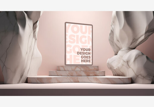 Close-Up Detailed Vertical Tablet Smartphone Mockup in Light Style with Marble Stone