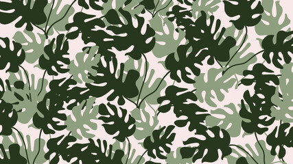 Abstract foliage and botanical background. Green tropical forest wallpaper of monstera leaves, palm leaf, branches in hand drawn pattern. Exotic plants background for banner, prints, decor, wall art.