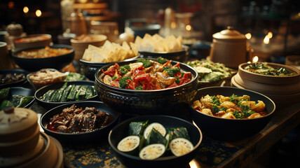 Traditional Chinese cuisine based on rice, pasta, meat and many vegetables - obrazy, fototapety, plakaty