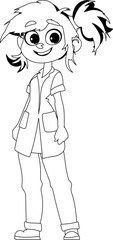 A beautiful and funny girl is wearing clothes that resemble what doctors wear. Childrens coloring page.