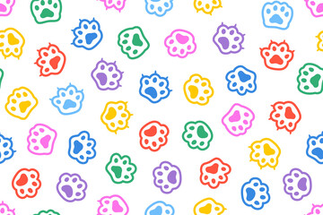 Fun colorful cat paw doodle. Kawaii seamless pattern with cat footprint. - obrazy, fototapety, plakaty