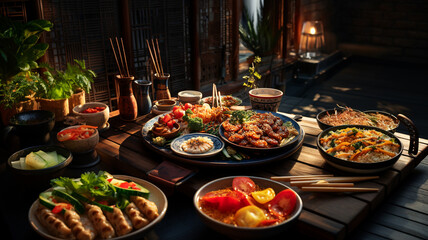 Traditional Chinese cuisine based on rice, pasta, meat and many vegetables