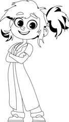 A funny and cute girl is dressed in a medical outfit. Childrens coloring page.