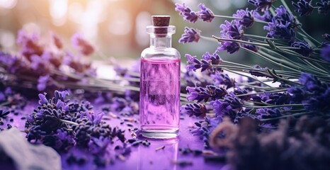 Glass bottle of lavender essential oil with fresh lavender sprigs - obrazy, fototapety, plakaty