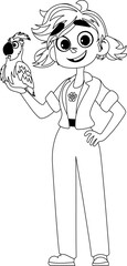A happy woman who takes care of animals and has a big, lively parrot. Childrens coloring page.