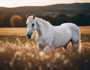 White horse in sunlit field and hills
