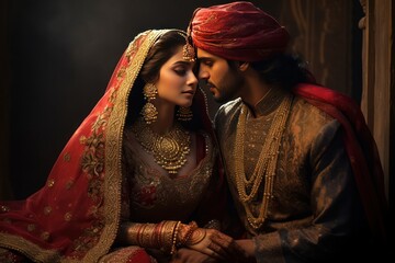 Rajput wedding's grandeur evident as the Rajasthani bride and groom in royal attire share a tender moment - obrazy, fototapety, plakaty