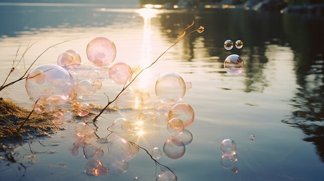  a bunch of bubbles floating on top of a body of water.  generative ai