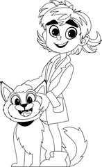 A kind lady called a vet is looking after a very adorable cat. She is very happy. Childrens coloring page.
