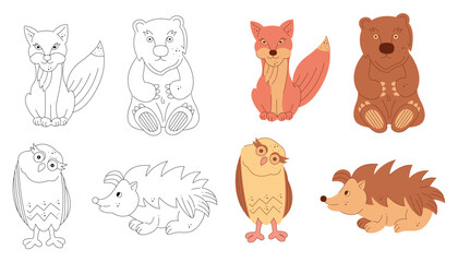 Set of four forest animals: hedgehog, owl, bear, fox. Black and white and color clipart vector illustration.
