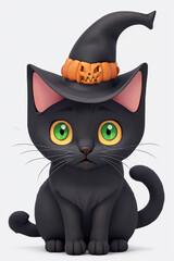 Cute black cat in halloween themed witch costume, 3D art style rendering 3