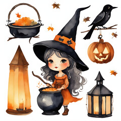 draw set of glamorous adorable funny boho halloween witch with cauldron, Cute Halloween Watercolor,  isolated on a white background