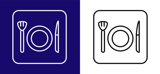 Icon representing a cafe with a fork, knife and plate. Available in two colors blue, white and white, black.