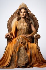 Serene Indian queen, glowing with royal charisma, elegantly placed on an opulent chair, her charming grin speaking of regal splendor