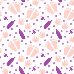 Seamless pattern with baby pacifier, bottle, footprints, handprints and circles. Flat color vector illustration.