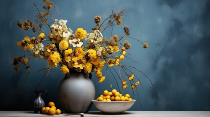  a vase of yellow flowers next to a bowl of oranges.  generative ai