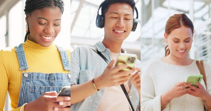 Happy, collage and people with phone for social media, internet or technology streaming. Smile, global and diversity of friends reading news on a mobile for a chat, information or communication