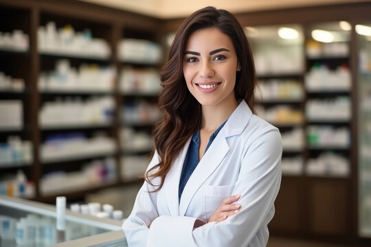 L&auml;chelnde Apothekerin mit steht vor Verkaufstheke in der Apotheke, Sachkundige Beratung von Medikamenten
