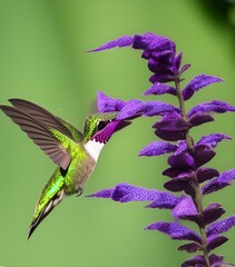 Hummingbird in flight feeding on salvia