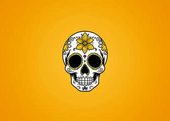 Cartoon sugar skull flat art Illustration, celebrate dia de muertos, day of the dead, catrina, vibrant colors, minimalist vector style, yellow background with copy space. Generative AI - obrazy, fototapety, plakaty