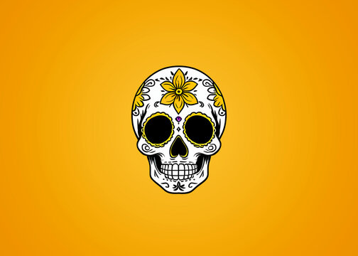 Cartoon sugar skull flat art Illustration, celebrate dia de muertos, day of the dead, catrina, vibrant colors, minimalist vector style, yellow background with copy space. Generative AI