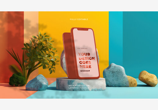 Red Smartphone on Colorfull Vivid Background and Stone Podium and Plants