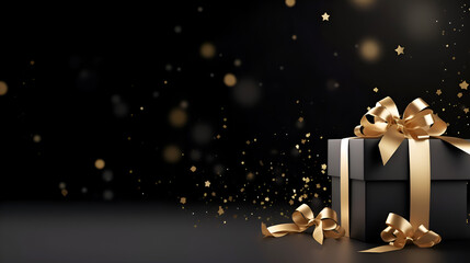 Black gift box isolated on black bokeh background. Black Friday gift box. Black Friday Sale or Happy Birthday banner. Gift box, wrapped with gold ribbon with a bow on glitter background, copy space
