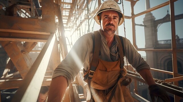 Wide-angle shot of a construction worker suspended on scaffolding, against the backdrop of a historic building. professional industrial manpower in modern construction industry. generative AI