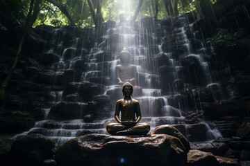Buddha vor einem Wasserfall