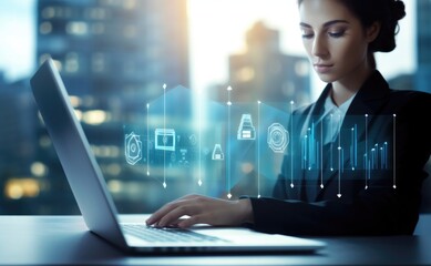 Obraz premium Secure office data and cybersecurity: Professional businesswoman in action