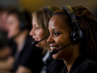 A diligent female call center agent, focused and dedicated, managing tasks on a computer within the central customer service hub.