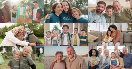 Collage, families and portrait of diversity or community with care, love and support together with outdoor happiness. Group, volunteer and montage of international or global people for development - Powered by Adobe