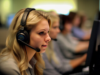 A diligent female call center agent, focused and dedicated, managing tasks on a computer within the central customer service hub.