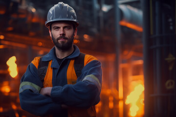 Professional heavy industry engineer Portrait of a worker wearing a safety uniform and hard hat. A seriously successful male industry professional walks in a warehouse or manufacturing facility.