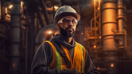 Fototapeta na wymiar Professional heavy industry engineer Portrait of a worker wearing a safety uniform and hard hat. A seriously successful male industry professional walks in a warehouse or manufacturing facility.
