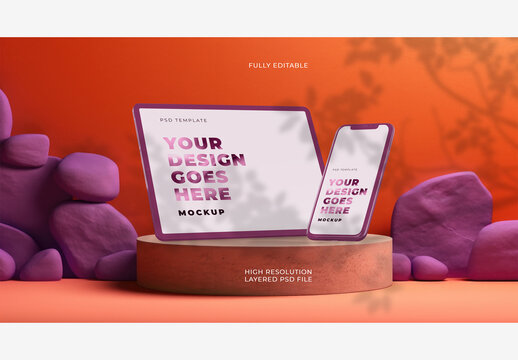 Isometric View of Purple Smartphone and Tablet on Stone Platform Podium Mockup