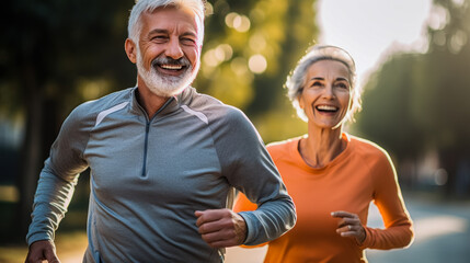 A senior couple in love smiling happily and energetically is jogging together in the park. with the concept of elderly people running and exercising for good health