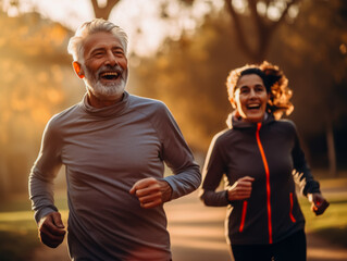 Fototapeta premium A senior couple in love smiling happily and energetically is jogging together in the park. with the concept of elderly people running and exercising for good health