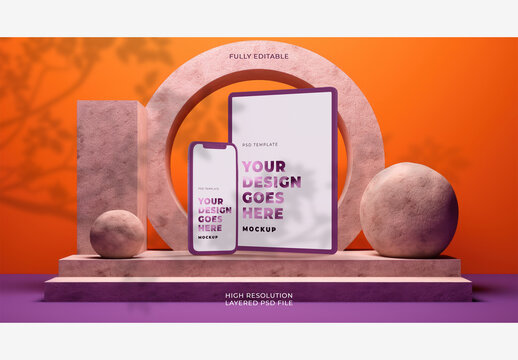 FrontView of Purple Smartphone and Tablet on Rought SDtone Platform Mockup