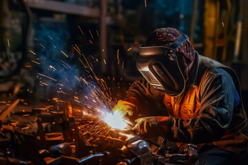 Close-up of a worker while doing a welding with arc welder